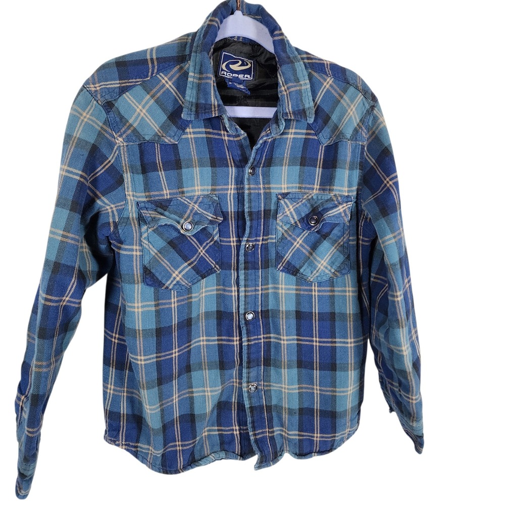 Roper Kids Plaid Flannel M‎ 8-10 Lined Western Shirt Jacket Blue Tan